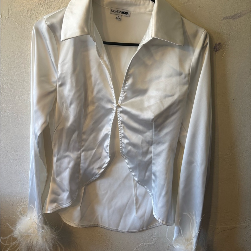 Fashion Nova Satin Top with Feather Accents